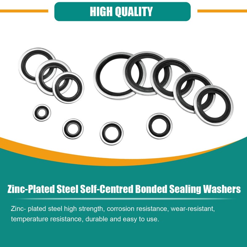 Dekiphox 450PCS Bonded Sealing Washers Automotive Metric Zinc-Plated Steel Rubber Sealing Washer Kit Self-Centred Metal Seal Gasket Crush Washers M6 M8 M10 M12 M14 M16 M18 M20 M22 M24 M27 M30 - Image 4